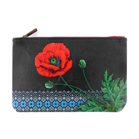 Mlavi vegan leather medium flat/makeup pouch for women with Ukrainian poppy flower & embroidery pattern print. Great for everyday use & a unique gift for yourself & family & friends. More Ukraine themed bags, wallets & other fashion accessories are available for wholesale at www.mlavi.com for gift & boutique buyers worldwide.