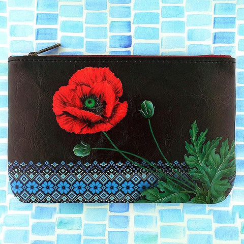 Mlavi vegan leather medium flat/makeup pouch for women with Ukrainian poppy flower & embroidery pattern print. Great for everyday use & a unique gift for yourself & family & friends. More Ukraine themed bags, wallets & other fashion accessories are available for wholesale at www.mlavi.com for gift & boutique buyers worldwide.