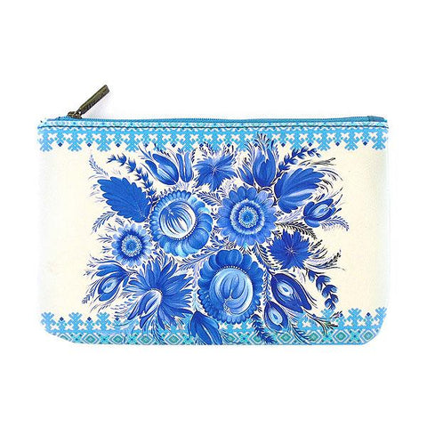 Mlavi vegan leather medium flat/makeup pouch for women with Ukrainian Petrykivka style flower print print. Great for everyday use & a unique gift for yourself & family & friends. More Ukraine themed bags, wallets & other fashion accessories are available for wholesale at www.mlavi.com for gift & boutique buyers worldwide.