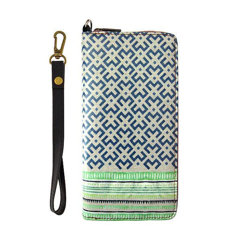 Mlavi Bali pattern print wristlet large wallet for women made with Eco-friendly & cruelty free vegan materials. Great for everyday use, travel or as gift for family & friends. Wholesale at www.mlavi.com to gift shop, clothing & fashion accessories boutiques, book stores in Canada, USA & worldwide.