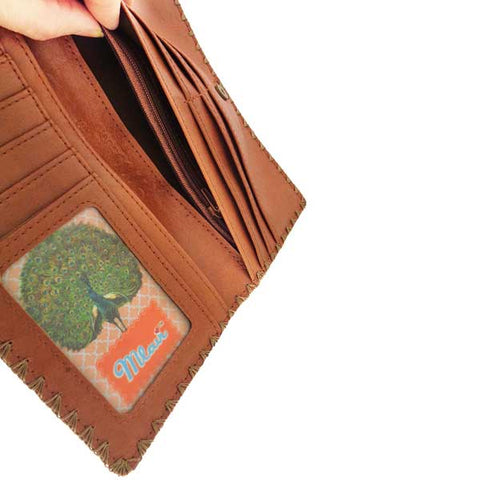 Mlavi whimsical vegan large flat wallet with Mexican Aztec textile pattern print. Great for everyday use & a cool gift for family & friends. 