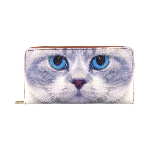 Mlavi's Eco-friendly, cruelty-free, ethically made vegan large zipper wallet with cute big blue eye cat print. It can carry smart phone & passport. Wholesale at www.mlavi.com for gift shops, fashion accessories & clothing boutiques in Canada, USA & worldwide.