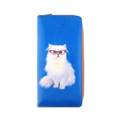 Eco-friendly, cruelty-free, ethically made vegan/faux leather large zipper wallet with cute big blue eye cat print by Mlavi Studio. It can carry smart phone & passport. Wholesale at www.mlavi.com for gift shops, fashion accessories & clothing boutiques in Canada, USA & worldwide.