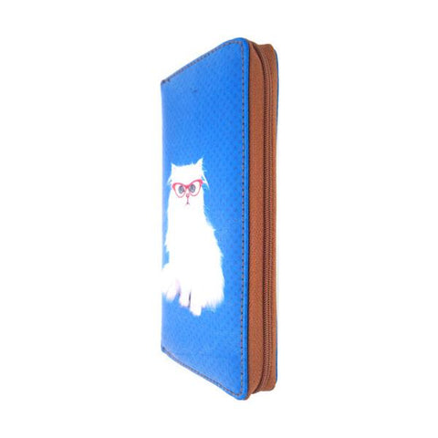 Eco-friendly, cruelty-free, ethically made vegan/faux leather large zipper wallet with cute big blue eye cat print by Mlavi Studio. It can carry smart phone & passport. Wholesale at www.mlavi.com for gift shops, fashion accessories & clothing boutiques in Canada, USA & worldwide.