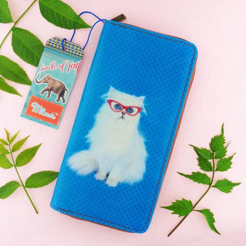 Eco-friendly, cruelty-free, ethically made vegan/faux leather large zipper wallet with cute big blue eye cat print by Mlavi Studio. It can carry smart phone & passport. Wholesale at www.mlavi.com for gift shops, fashion accessories & clothing boutiques in Canada, USA & worldwide.