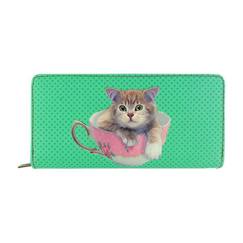 Eco-friendly, cruelty-free, ethically made vegan/faux leather large zipper wallet with cute big blue eye cat print by Mlavi Studio. It can carry smart phone & passport. Wholesale at www.mlavi.com for gift shops, fashion accessories & clothing boutiques in Canada, USA & worldwide.