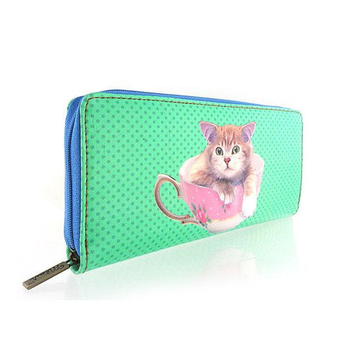 Eco-friendly, cruelty-free, ethically made vegan/faux leather large zipper wallet with cute big blue eye cat print by Mlavi Studio. It can carry smart phone & passport. Wholesale at www.mlavi.com for gift shops, fashion accessories & clothing boutiques in Canada, USA & worldwide.