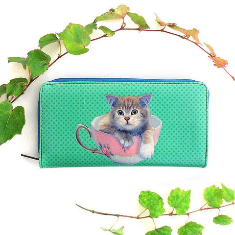 Eco-friendly, cruelty-free, ethically made vegan/faux leather large zipper wallet with cute big blue eye cat print by Mlavi Studio. It can carry smart phone & passport. Wholesale at www.mlavi.com for gift shops, fashion accessories & clothing boutiques in Canada, USA & worldwide.