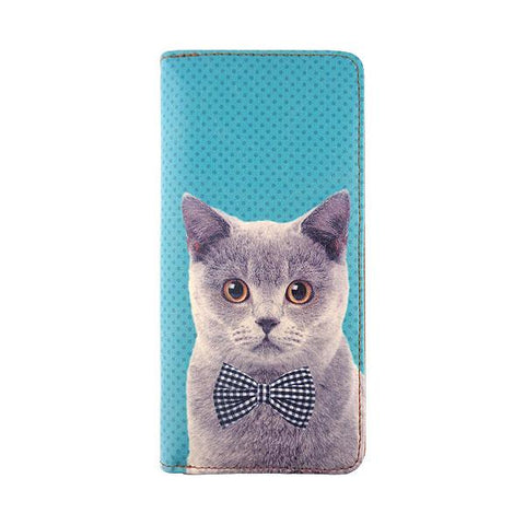 Eco-friendly, cruelty-free, ethically made vegan/faux leather large zipper wallet with cute big blue eye cat print by Mlavi Studio. It can carry smart phone & passport. Wholesale at www.mlavi.com for gift shops, fashion accessories & clothing boutiques in Canada, USA & worldwide.