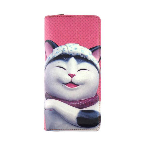 Eco-friendly, cruelty-free, ethically made vegan/faux leather large zipper wallet with cute big blue eye cat print by Mlavi Studio. It can carry smart phone & passport. Wholesale at www.mlavi.com for gift shops, fashion accessories & clothing boutiques in Canada, USA & worldwide.