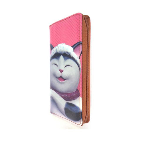 Eco-friendly, cruelty-free, ethically made vegan/faux leather large zipper wallet with cute big blue eye cat print by Mlavi Studio. It can carry smart phone & passport. Wholesale at www.mlavi.com for gift shops, fashion accessories & clothing boutiques in Canada, USA & worldwide.