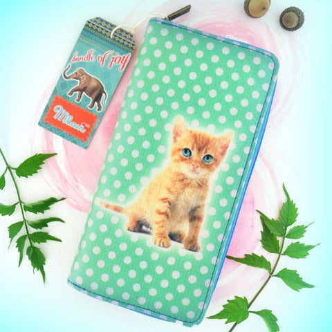 Eco-friendly, cruelty-free, ethically made vegan/faux leather large zipper wallet with cute big blue eye cat print by Mlavi Studio. It can carry smart phone & passport. Wholesale at www.mlavi.com for gift shops, fashion accessories & clothing boutiques in Canada, USA & worldwide.
