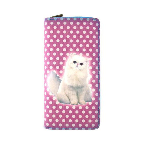 Eco-friendly, cruelty-free, ethically made vegan/faux leather large zipper wallet with cute big blue eye cat print by Mlavi Studio. It can carry smart phone & passport. Wholesale at www.mlavi.com for gift shops, fashion accessories & clothing boutiques in Canada, USA & worldwide.