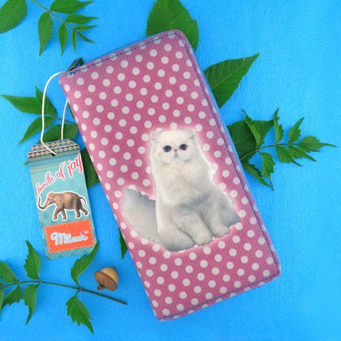 Eco-friendly, cruelty-free, ethically made vegan/faux leather large zipper wallet with cute big blue eye cat print by Mlavi Studio. It can carry smart phone & passport. Wholesale at www.mlavi.com for gift shops, fashion accessories & clothing boutiques in Canada, USA & worldwide.