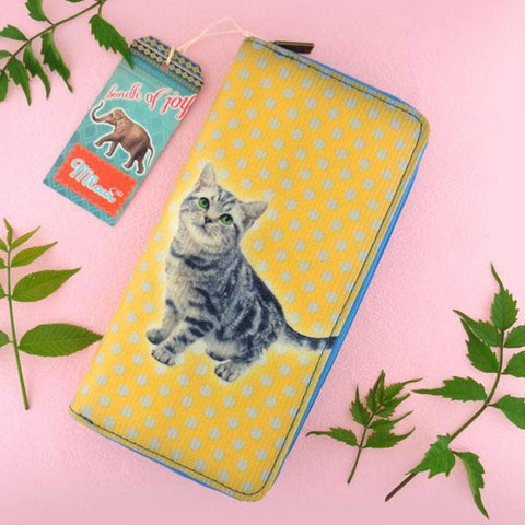 Eco-friendly, cruelty-free, ethically made vegan/faux leather large zipper wallet with cute big blue eye cat print by Mlavi Studio. It can carry smart phone & passport. Wholesale at www.mlavi.com for gift shops, fashion accessories & clothing boutiques in Canada, USA & worldwide.