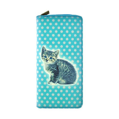 Eco-friendly, cruelty-free, ethically made vegan/faux leather large zipper wallet with cute big blue eye cat print by Mlavi Studio. It can carry smart phone & passport. Wholesale at www.mlavi.com for gift shops, fashion accessories & clothing boutiques in Canada, USA & worldwide.