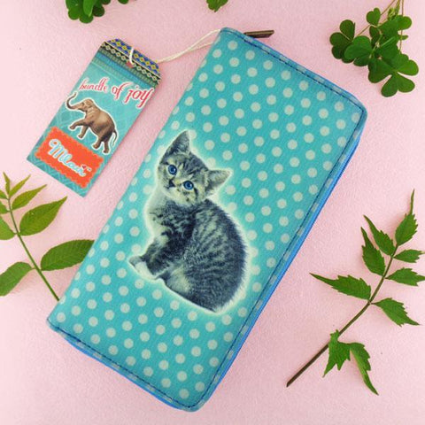 Eco-friendly, cruelty-free, ethically made vegan/faux leather large zipper wallet with cute big blue eye cat print by Mlavi Studio. It can carry smart phone & passport. Wholesale at www.mlavi.com for gift shops, fashion accessories & clothing boutiques in Canada, USA & worldwide.