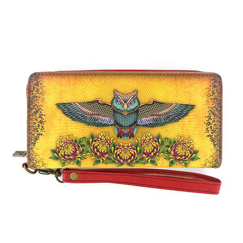 Eco-friendly, cruelty-free, ethically made large wristlet wallet with vintage tattoo style owl print by Mlavi Studio. Great for everyday use, travel or as whimsical gift for family & friends. Wholesale at www.mlavi.com to gift shop, clothing & fashion accessories boutiques, book stores worldwide.