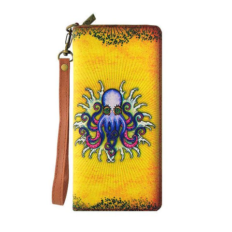 Eco-friendly, cruelty-free, ethically made large wristlet wallet with vintage tattoo style octopus print by Mlavi Studio. Great for everyday use, travel or as gift for family & friends. Wholesale at www.mlavi.com to gift shop, clothing & fashion accessories boutiques, book stores worldwide.