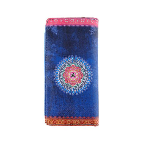 Mlavi's Eco-friendly, cruelty-free vegan large wallet with whimsical lucky elephant & Indian Mehndi pattern AUM (OM) symbol, pink lotus print. Great for everyday use, travel or as gift for family & friends. Wholesale at www.mlavi.com for gift shop, boutiques & bookstore in Canada, USA & worldwide. 