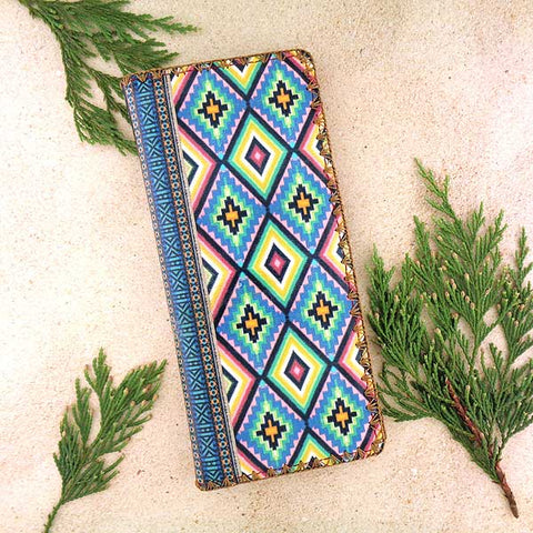 Mlavi whimsical vegan large flat wallet with Mexican textile pattern print. Great for everyday use & cool gift for family & friends. Free gift box with every purchase. Wholesale at www.mlavi.com for gift shops, clothing & fashion accessories boutiques, museum gift stores in Canada, USA & worldwide.