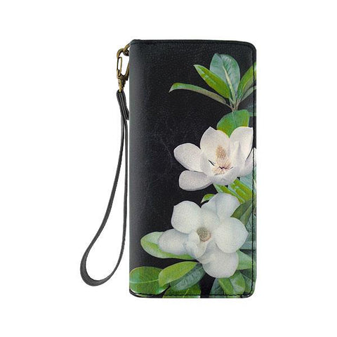 Mlavi studio's Magnolia flower printed vegan large wristlet wallet made with Eco-friendly & cruelty free vegan materials. Gift & boutique buyer can order wholesale at www.mlavi.com for ethically made & unique fashion accessories including bags, wallets, purses, coin purses, travel accessories & gifts.