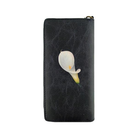 Mlavi studio's calla lily flower printed vegan large wristlet wallet made with Eco-friendly & cruelty free vegan materials. Gift & boutique buyer can order wholesale at www.mlavi.com for ethically made & unique fashion accessories including bags, wallets, purses, coin purses, travel accessories & gifts.