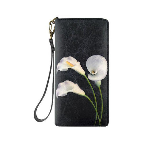 Mlavi studio's calla lily flower printed vegan large wristlet wallet made with Eco-friendly & cruelty free vegan materials. Gift & boutique buyer can order wholesale at www.mlavi.com for ethically made & unique fashion accessories including bags, wallets, purses, coin purses, travel accessories & gifts.