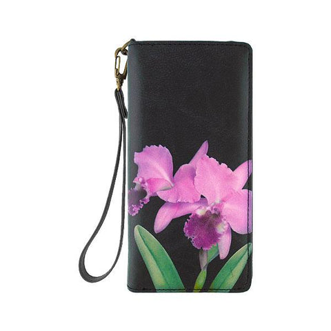 Mlavi studio's orchid flower printed vegan large wristlet wallet made with Eco-friendly & cruelty free vegan materials. Gift & boutique buyer can order wholesale at www.mlavi.com for ethically made & unique fashion accessories including bags, wallets, purses, coin purses, travel accessories & gifts.