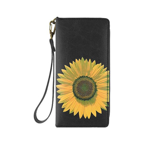 Mlavi studio's sunflower flower printed vegan large wristlet wallet made with Eco-friendly & cruelty free vegan materials. Gift & boutique buyer can order wholesale at www.mlavi.com for ethically made & unique fashion accessories including bags, wallets, purses, coin purses, travel accessories & gifts.