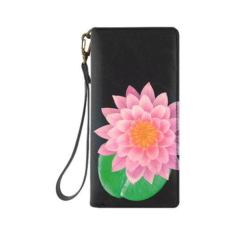 Mlavi studio's water lily flower printed vegan large wristlet wallet made with Eco-friendly & cruelty free vegan materials. Gift & boutique buyer can order wholesale at www.mlavi.com for ethically made & unique fashion accessories including bags, wallets, purses, coin purses, travel accessories & gifts.