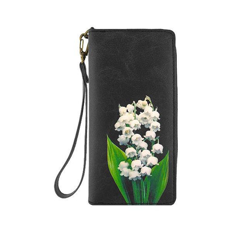 Mlavi studio's lily of valley flower printed vegan large wristlet wallet made with Eco-friendly & cruelty free vegan materials. Gift & boutique buyer can order wholesale at www.mlavi.com for ethically made & unique fashion accessories including bags, wallets, purses, coin purses, travel accessories & gifts.