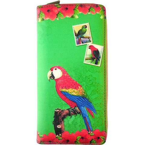 Mlavi vegan leather vintage style Large Wallet features whimsical parrot  & hibiscus flower illustration. A great gift idea for yourself & your friends & family. More whimsical fashion accessories are available for wholesale at www.mlavi.com for gift shop,  , fashion accessories & clothing boutique buyers in Canada, USA & worldwide.