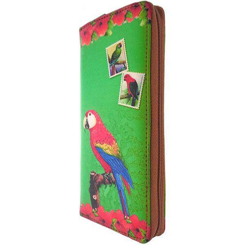 Mlavi vegan leather vintage style Large Wallet features whimsical parrot  & hibiscus flower illustration. A great gift idea for yourself & your friends & family. More whimsical fashion accessories are available for wholesale at www.mlavi.com for gift shop,  , fashion accessories & clothing boutique buyers in Canada, USA & worldwide.