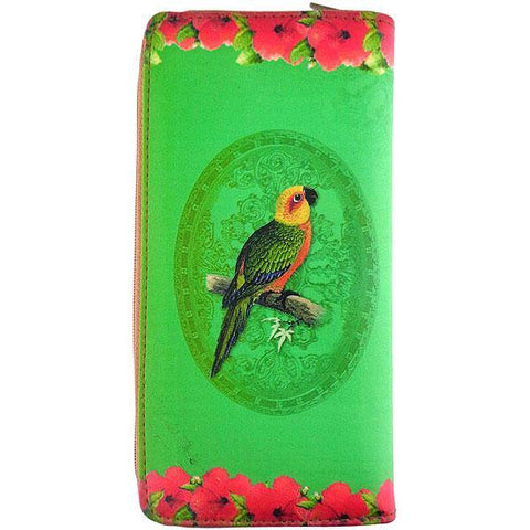 Mlavi vegan leather vintage style Large Wallet features whimsical parrot  & hibiscus flower illustration. A great gift idea for yourself & your friends & family. More whimsical fashion accessories are available for wholesale at www.mlavi.com for gift shop,  , fashion accessories & clothing boutique buyers in Canada, USA & worldwide.