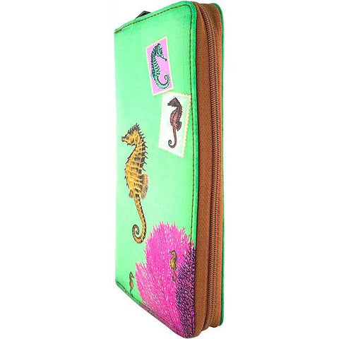 Mlavi vegan leather vintage style Large Wallet features whimsical seahorse & coral illustration. A great gift idea for yourself & your friends & family. More whimsical fashion accessories are available for wholesale at www.mlavi.com for gift shop,  , fashion accessories & clothing boutique buyers in Canada, USA & worldwide.