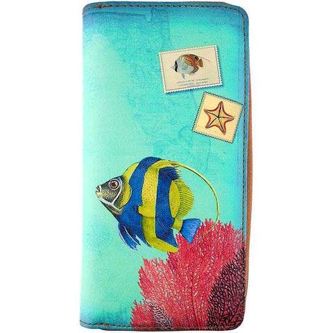Mlavi vegan leather vintage style Large Wallet features whimsical angel fish & coral illustration. A great gift idea for yourself & your friends & family. More whimsical fashion accessories are available for wholesale at www.mlavi.com for gift shop,  , fashion accessories & clothing boutique buyers in Canada, USA & worldwide.