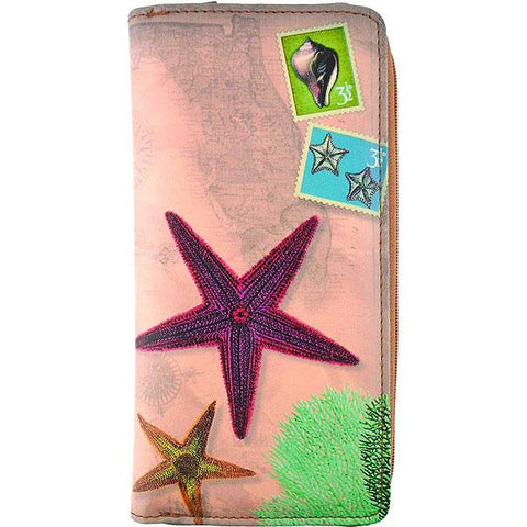 Mlavi vegan leather vintage style Large Wallet features whimsical starfish & coral illustration. A great gift idea for yourself & your friends & family. More whimsical fashion accessories are available for wholesale at www.mlavi.com for gift shop,  , fashion accessories & clothing boutique buyers in Canada, USA & worldwide.