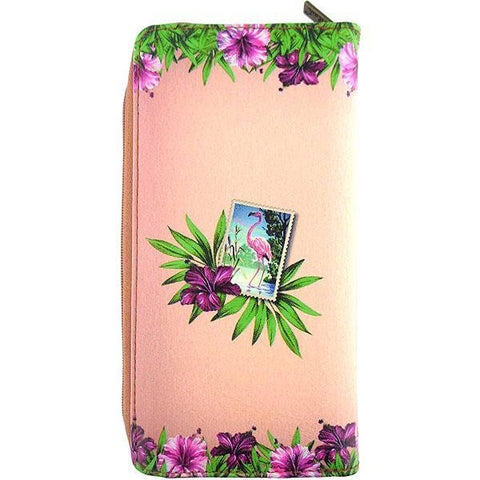 Mlavi vegan leather vintage style Large Wallet features whimsical flamingo & hibiscus flower illustration. A great gift idea for yourself & your friends & family. More whimsical fashion accessories are available for wholesale at www.mlavi.com for gift shop,  , fashion accessories & clothing boutique buyers in Canada, USA & worldwide.