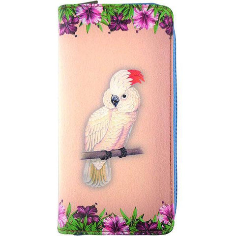 Mlavi vegan leather vintage style Large Wallet features whimsical parrot & hibiscus flower illustration. A great gift idea for yourself & your friends & family. More whimsical fashion accessories are available for wholesale at www.mlavi.com for gift shop,  , fashion accessories & clothing boutique buyers in Canada, USA & worldwide.