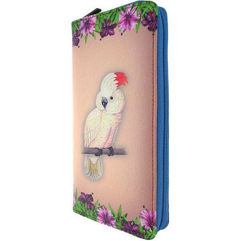 Mlavi vegan leather vintage style Large Wallet features whimsical parrot & hibiscus flower illustration. A great gift idea for yourself & your friends & family. More whimsical fashion accessories are available for wholesale at www.mlavi.com for gift shop,  , fashion accessories & clothing boutique buyers in Canada, USA & worldwide.