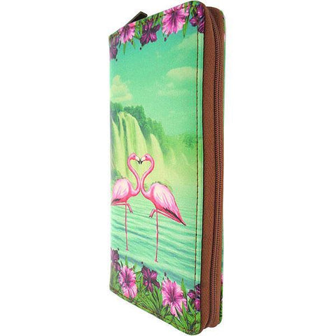 Mlavi vegan leather vintage style Large Wallet features whimsical flamingo & hibiscus flower illustration. A great gift idea for yourself & your friends & family. More whimsical fashion accessories are available for wholesale at www.mlavi.com for gift shop,  , fashion accessories & clothing boutique buyers in Canada, USA & worldwide.