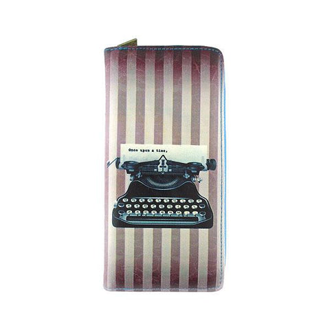 Mlavi retro typewriter print vegan large wristlet wallet made with cruelty-free Eco-friendly vegan materials. Great for everyday use, travel or as gift for family & friends. Wholesale at www.mlavi.com to gift shop, clothing & fashion accessories boutiques, book stores worldwide.