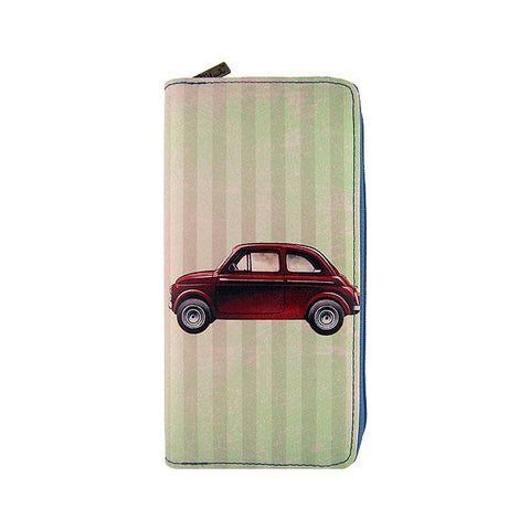 Mlavi retro Italian Fiat car print vegan large wristlet wallet made with cruelty-free Eco-friendly vegan materials. Great for everyday use, travel or as gift for family & friends. Wholesale at www.mlavi.com to gift shop, clothing & fashion accessories boutiques, book stores worldwide.