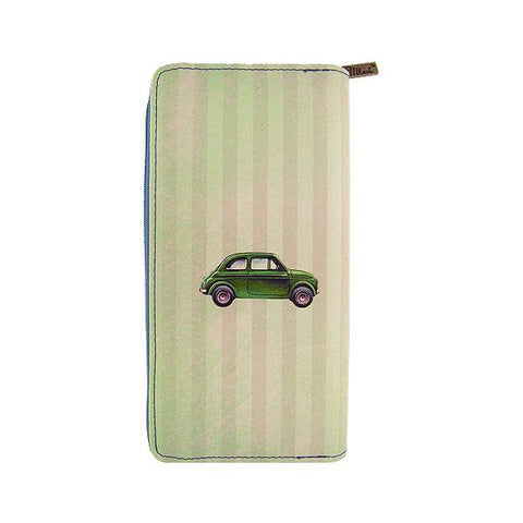 Mlavi retro Italian Fiat car print vegan large wristlet wallet made with cruelty-free Eco-friendly vegan materials. Great for everyday use, travel or as gift for family & friends. Wholesale at www.mlavi.com to gift shop, clothing & fashion accessories boutiques, book stores worldwide.