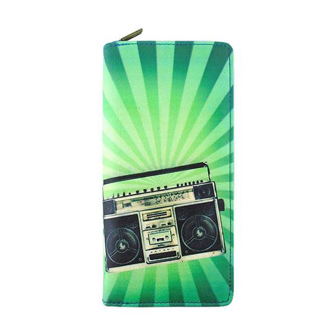 Mlavi retro boombox & cassette print vegan large wristlet wallet made with cruelty-free Eco-friendly vegan materials. Great for everyday use, travel or as gift for family & friends. Wholesale at www.mlavi.com to gift shop, clothing & fashion accessories boutiques, book stores worldwide.