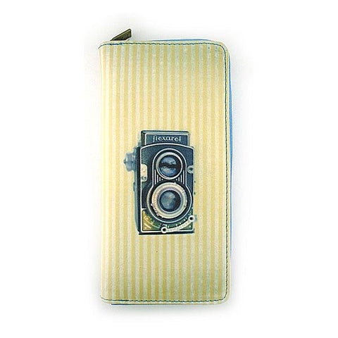 Mlavi retro camera print vegan large wristlet wallet made with cruelty-free Eco-friendly vegan materials. Great for everyday use, travel or as gift for family & friends. Wholesale at www.mlavi.com to gift shop, clothing & fashion accessories boutiques, book stores worldwide.