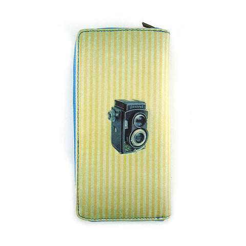 Mlavi retro camera print vegan large wristlet wallet made with cruelty-free Eco-friendly vegan materials. Great for everyday use, travel or as gift for family & friends. Wholesale at www.mlavi.com to gift shop, clothing & fashion accessories boutiques, book stores worldwide.