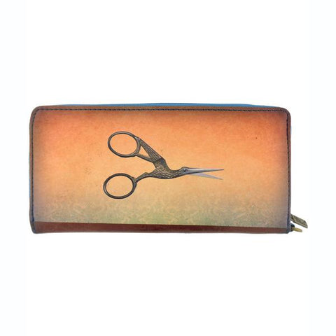 Mlavi studio's cool retro sewing machine & scissor print vegan large wallet made with SGS tested cruelty-free Eco-friendly cruelty free vegan materials. Wholesale available at www.mlavi.com for gift shop, fashion accessories & clothing boutique in Canada, USA & worldwide.