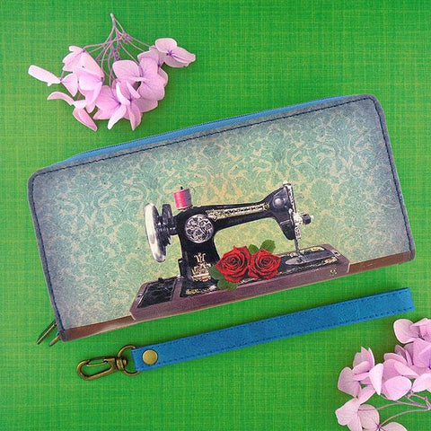 Mlavi studio's cool retro sewing machine & scissor print vegan large wallet made with SGS tested cruelty-free Eco-friendly cruelty free vegan materials. Wholesale available at www.mlavi.com for gift shop, fashion accessories & clothing boutique in Canada, USA & worldwide.